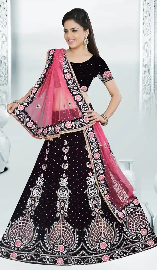 Crystals Stones Velvet Wedding Wear Bridel Lehenga in Wine Color | FH516278502