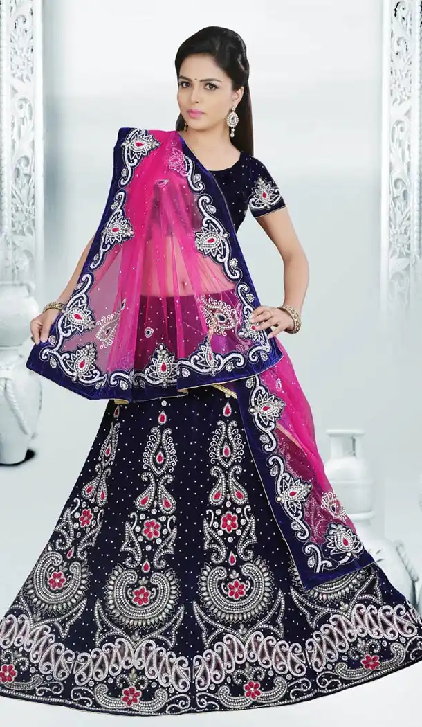 Crystals Stones Velvet Wedding Wear Bridel Lehenga in Deep Blue Color | FH516278503