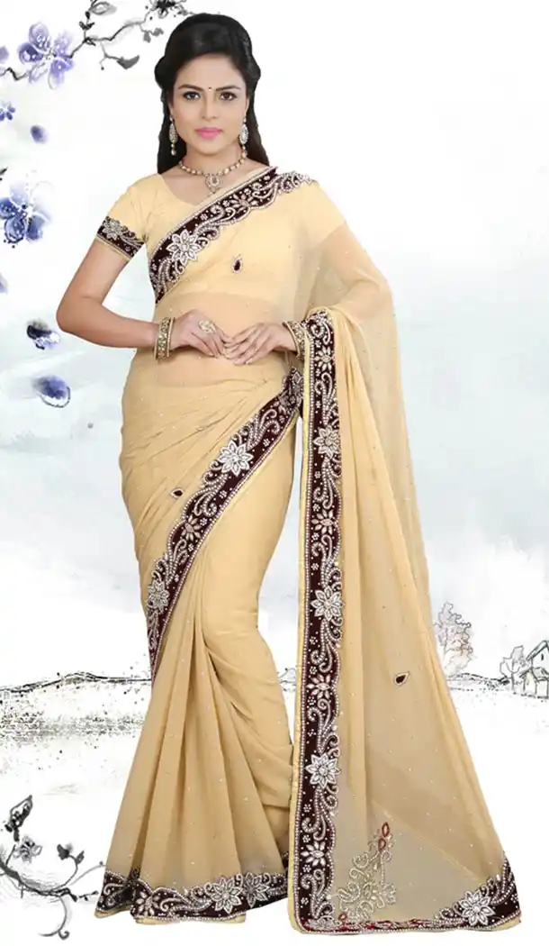 Crystals Stones Georgette Wedding Wear Bridel Saree in Beige Color | FH516278504
