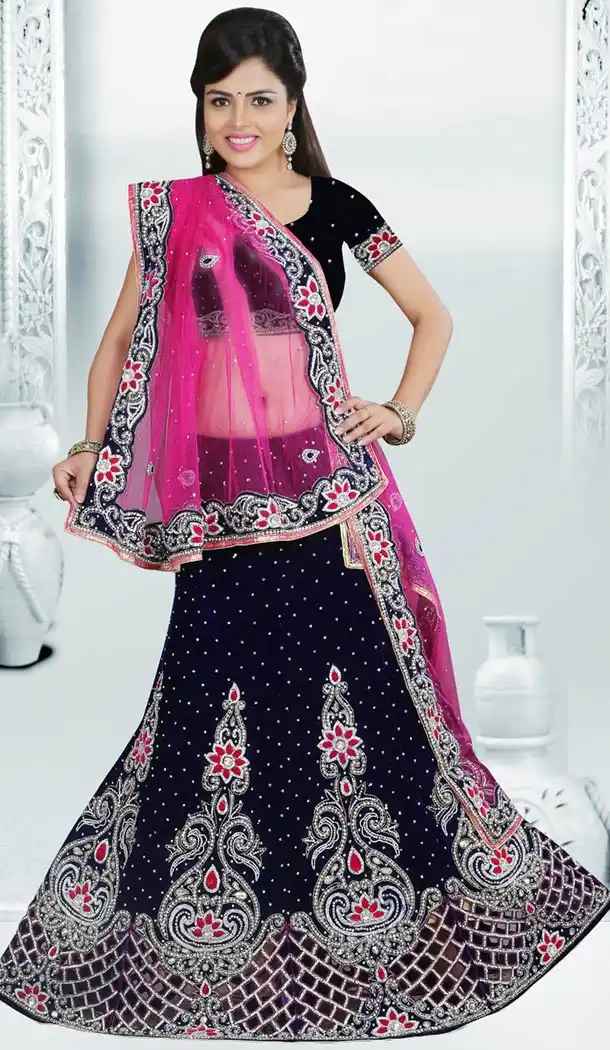 Crystals Stones Velvet Wedding Wear Bridel Lehenga in Blue Color | FH516278506