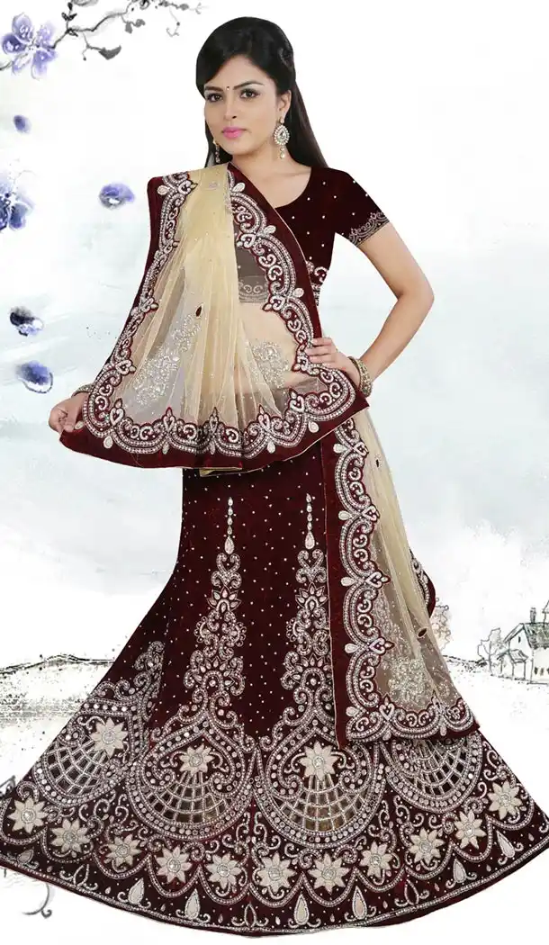 Crystals Stones Velvet Wedding Wear Bridel Lehenga in Maroon Color | FH516278507