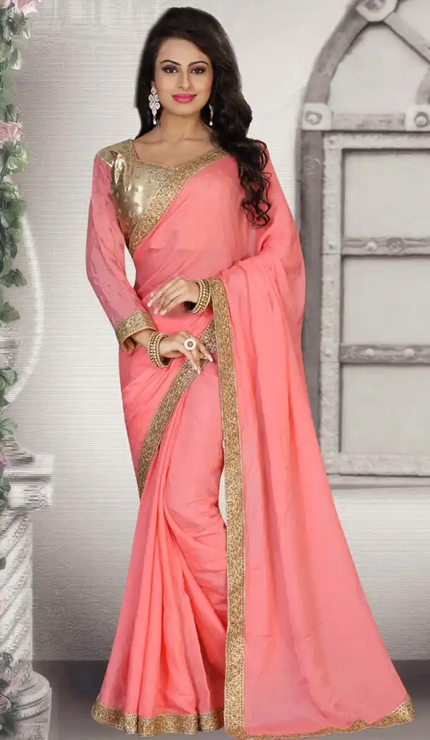 Chiffon Bridel Wear Wedding Saree Blouse in Deep Salmon Color | FH516378509
