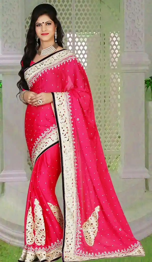 Party Wear Style Saree in Chiffon Satin Deep Pink Color | FH516478522