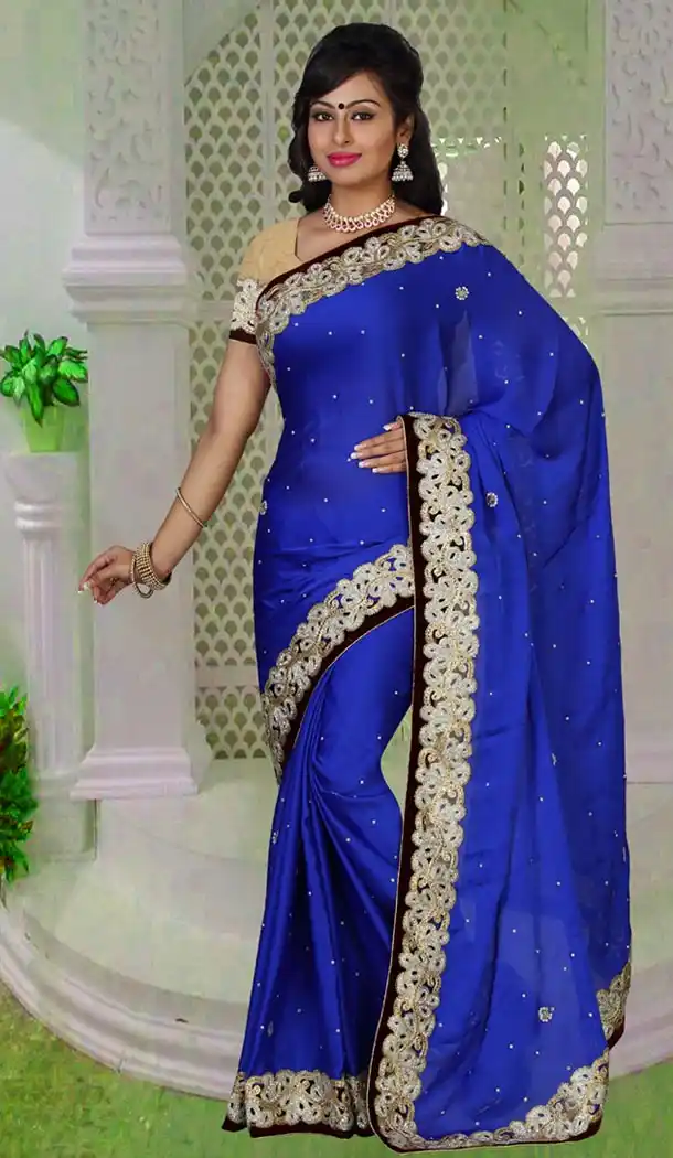 Party Wear Style Saree in Chiffon Satin Deep Blue Color | FH516478524