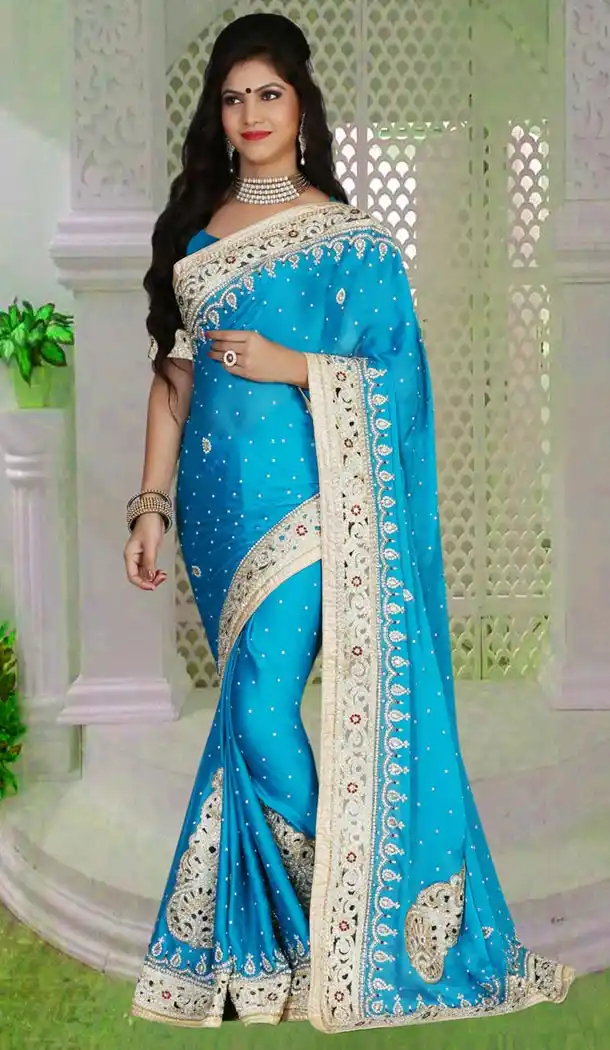 Party Wear Style Saree in Chiffon Satin Sky Blue Color | FH516478525