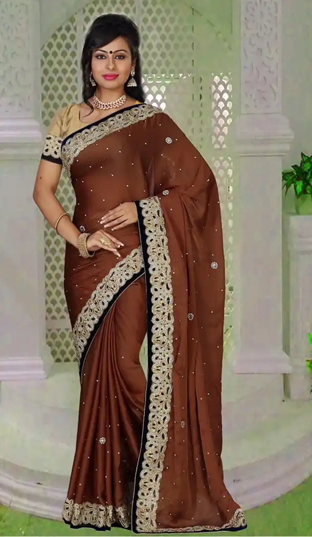 Party Wear Style Saree in Chiffon Satin Brown Color | FH516478529