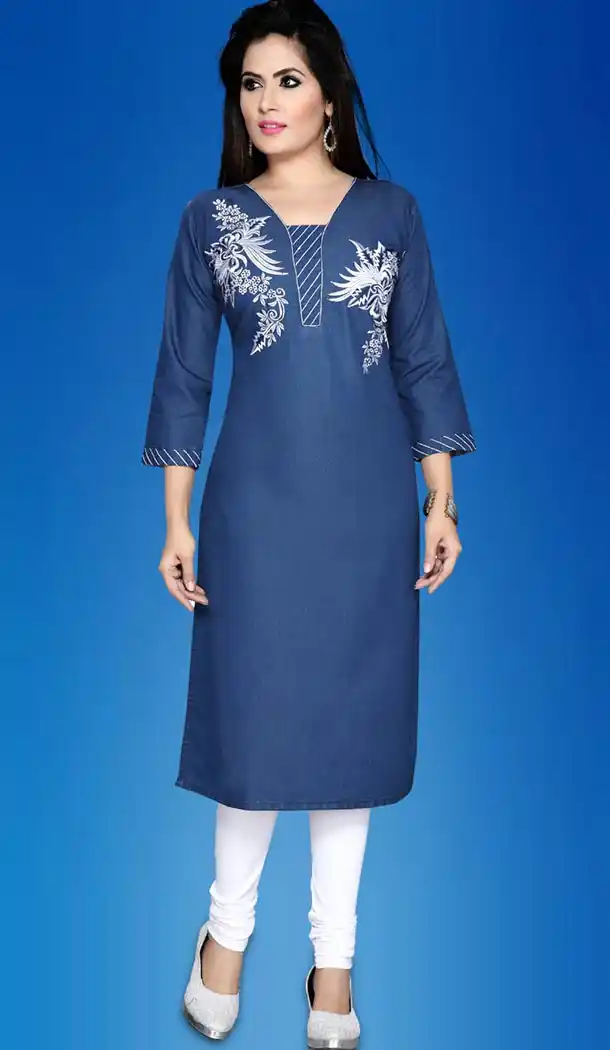 Denim Fabric Straight Style Readymade Kurtis in Deep Blue Color | FH517978703