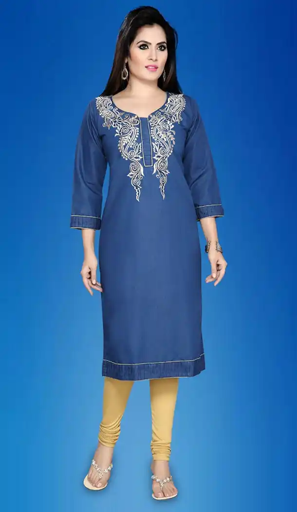 Denim Fabric Straight Style Readymade Kurtis in Deep Blue Color | FH517978704