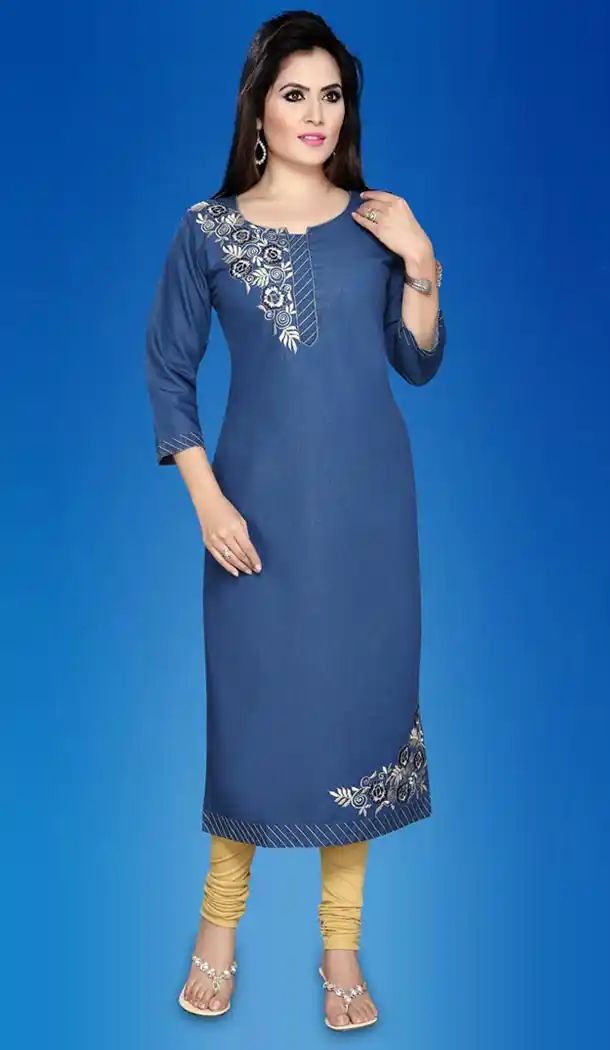 Vogue Denim Fabric Straight Style Readymade Kurtis in Deep Blue Color | FH517978705