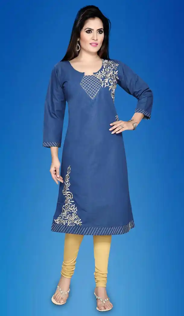 Denim Fabric Straight Style Readymade Kurtis in Blue Color | FH517978706