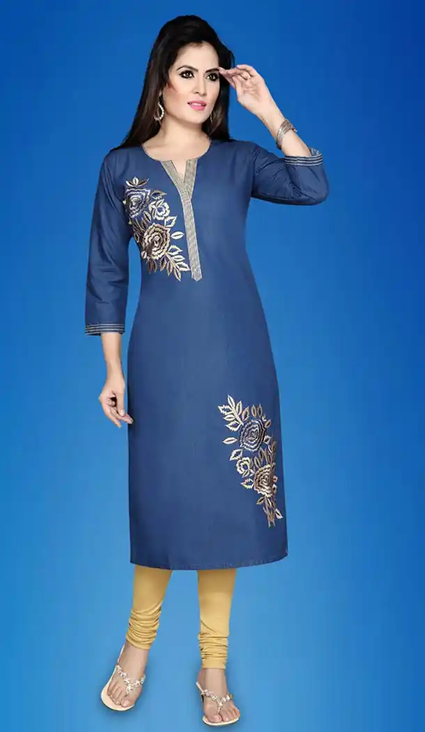 Denim Fabric Straight Style Readymade Kurtis in Blue Color | FH517978707
