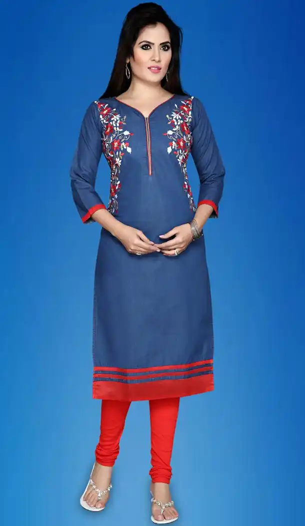 Denim Fabric Straight Style Readymade Kurtis in Deep Blue Color | FH517978708