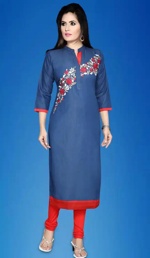 Denim Fabric Straight Style Readymade Kurtis in Blue Color | FH517978709