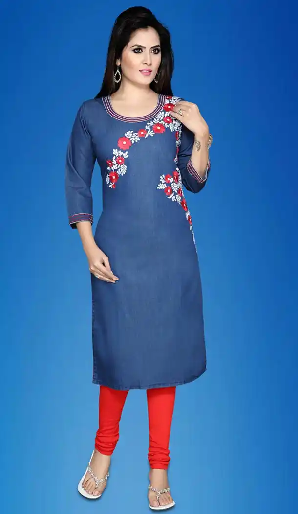 Denim Fabric Straight Style Readymade Kurtis in Blue Color | FH517978710