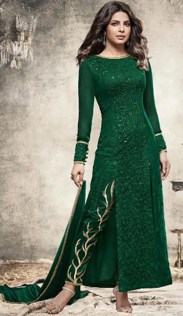 Bollywood Celebrity Priyanka Chopra Salwar Kameez in Bottle Green Color | FH518478767