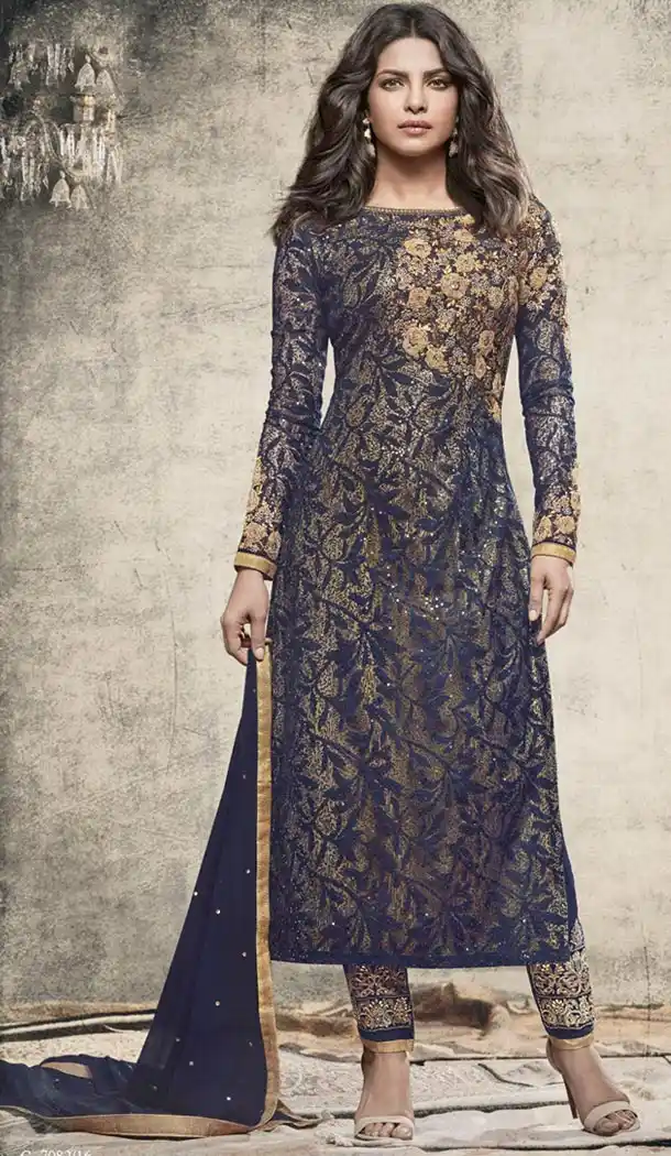 Bollywood Celebrity Priyanka Chopra Salwar Kameez in Navy Blue Color | FH518478773