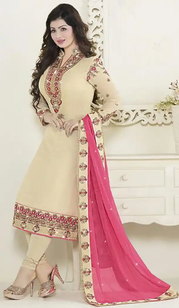 Straight Cut Style Georgette Salwar kameez in Beige Color | FH519478917
