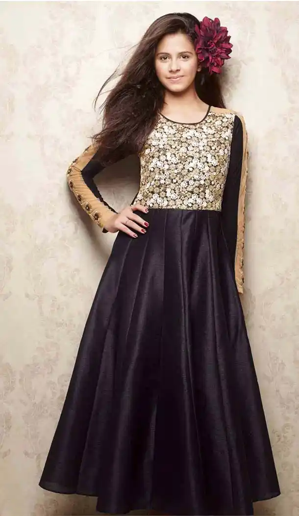 Black Color Silk A-line Style Party Wear Kids Gown Dress | FH519678923