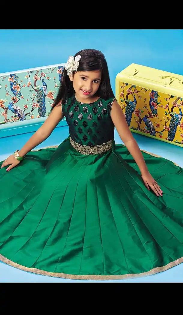 Emerald Color Silk A-line Style Party Wear Kids Frock Dress | FH519678924