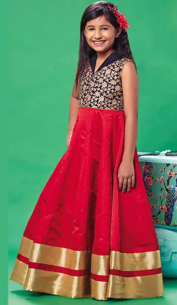 Crimson Color Silk A-line Style Party Wear Kids Frock Dress | FH519678925