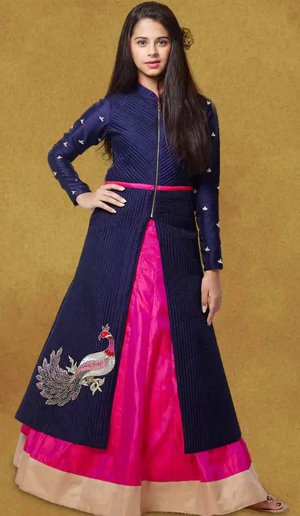 Navy Blue Color Silk A-line Style Party Wear Kids Lehega Dress | FH519678926