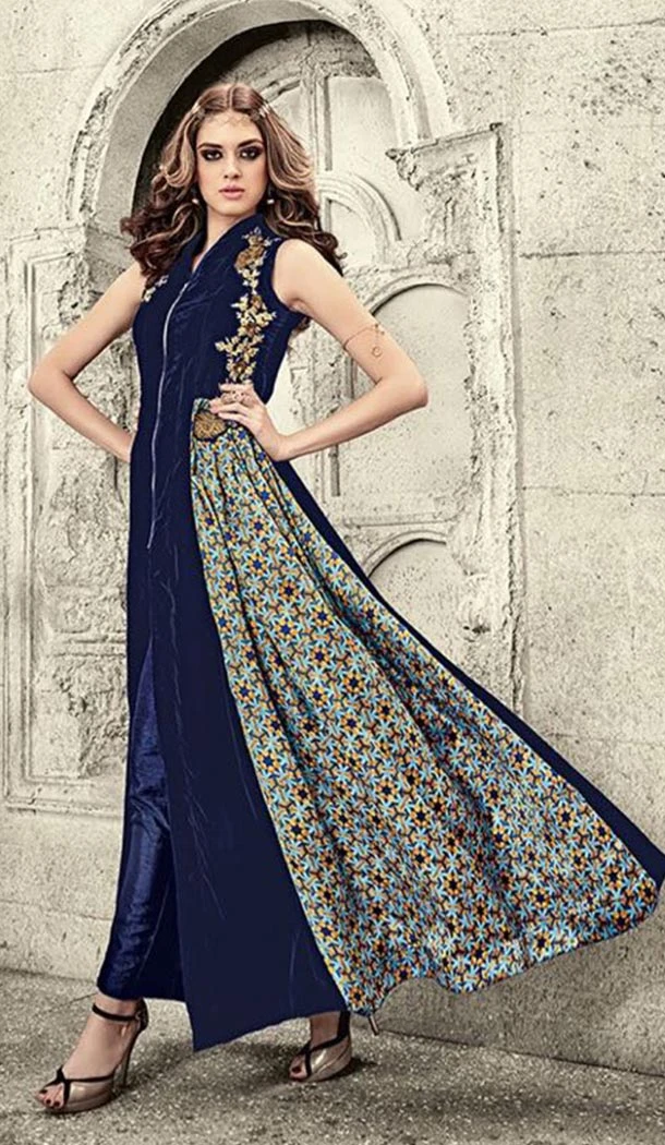 Velvet Fabric Pakistani Style Salwar Kameez in Navy Blue Color | FH519978946