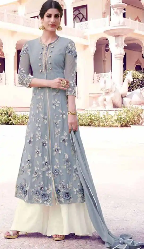 Achkan Style Georgette Fabric Party Salwar Suit in Slate Color | FH520078960