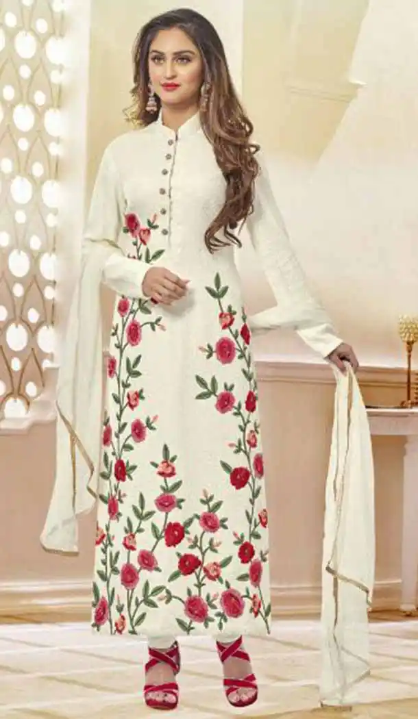 Net Fabric Straight Cut Churidar Suit in White Color | FH520178969