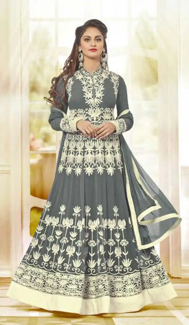 Georgette Fabric Long Anarkali Churidar Suit in Slate Grey Color | FH520178970