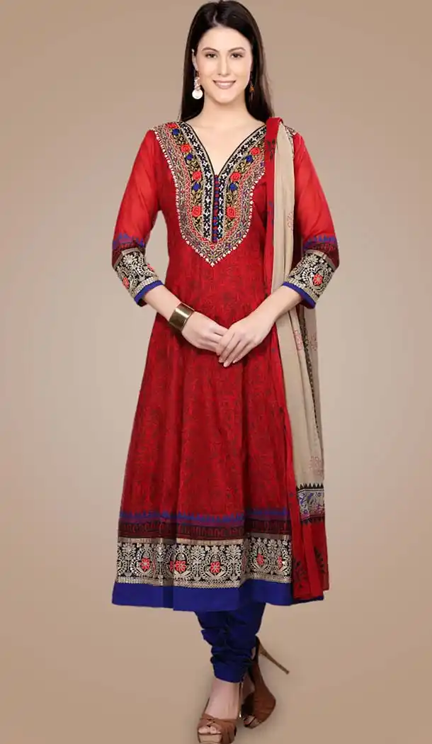 Party Readymade Churidar Kameez in Cotton Fabric With Red Color | FH520278982