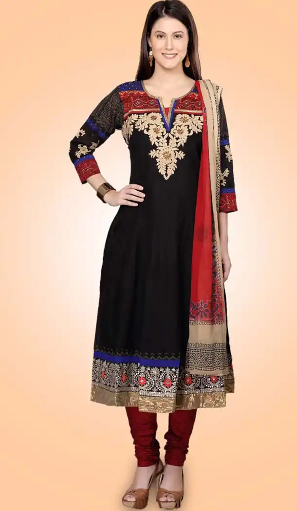 Party Readymade Churidar Kameez in Cotton Fabric With Black Color | FH520278984