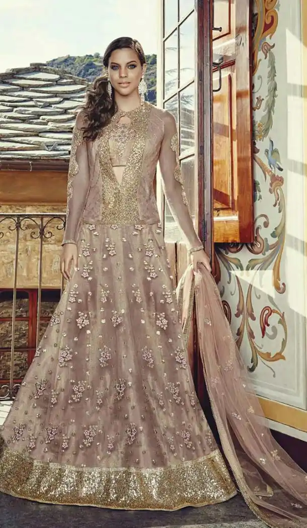 Circular Style Net Fabric Lehenga Choli in Beige Color | FH520779016