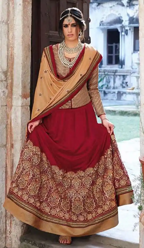 Circular Style Velvet Fabric Lehenga Choli in Crimson Color | FH520779019