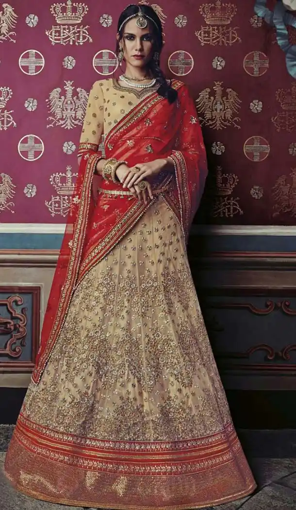 Circular Style Net Fabric Lehenga Choli in Tan Brown Color | FH520779020