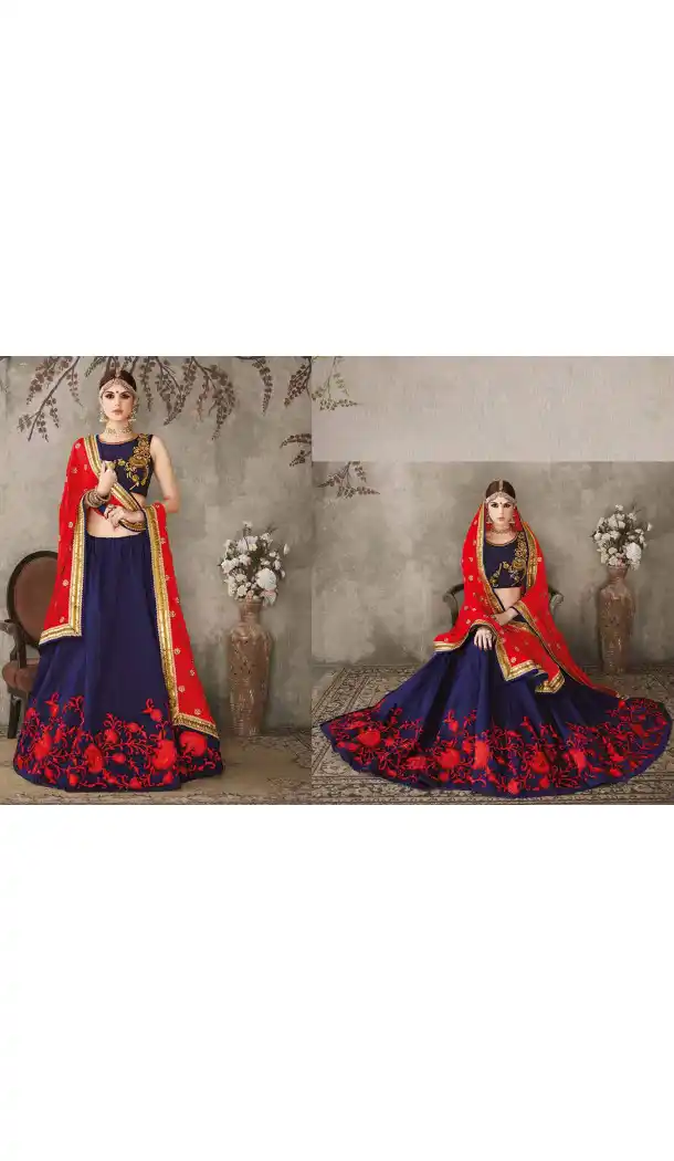 Pure Silk Navy Blue Color Sangeet Mehendi Wear Lehenga Choli | FH521879139