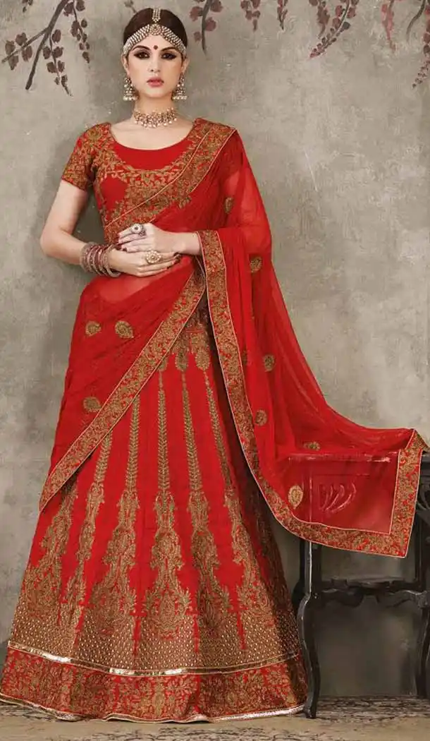 Pure Silk Red Color Sangeet Mehndi Wear Lehenga Choli | FH521879141