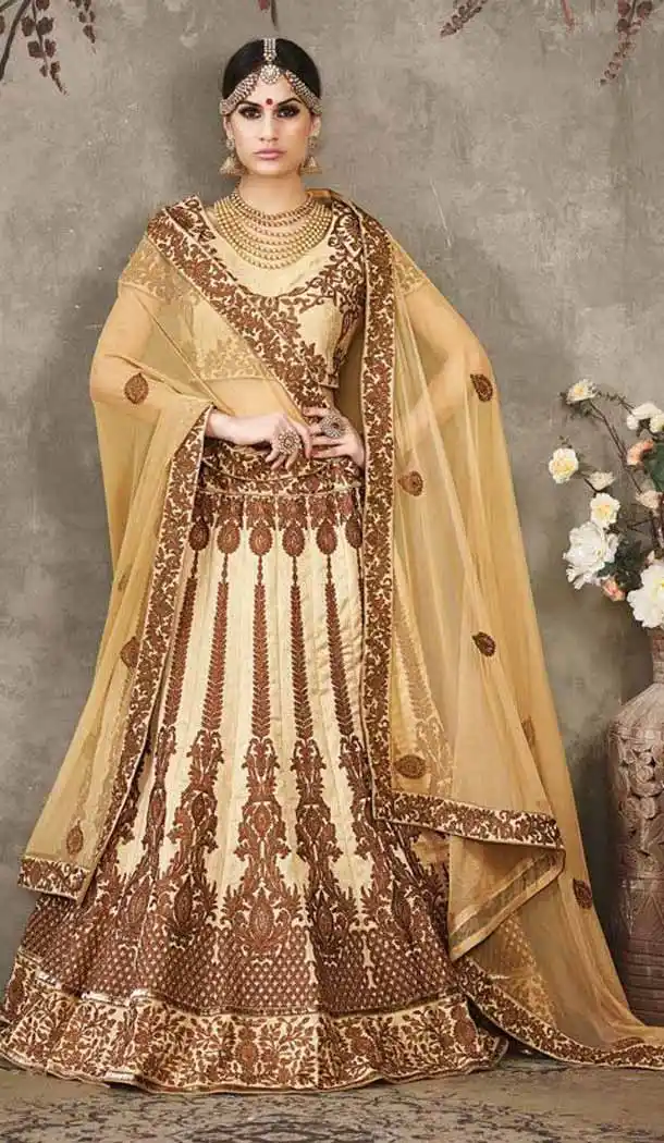 Pure Silk Beige Color Sangeet Mehndi Wear Lehenga Choli | FH521879142