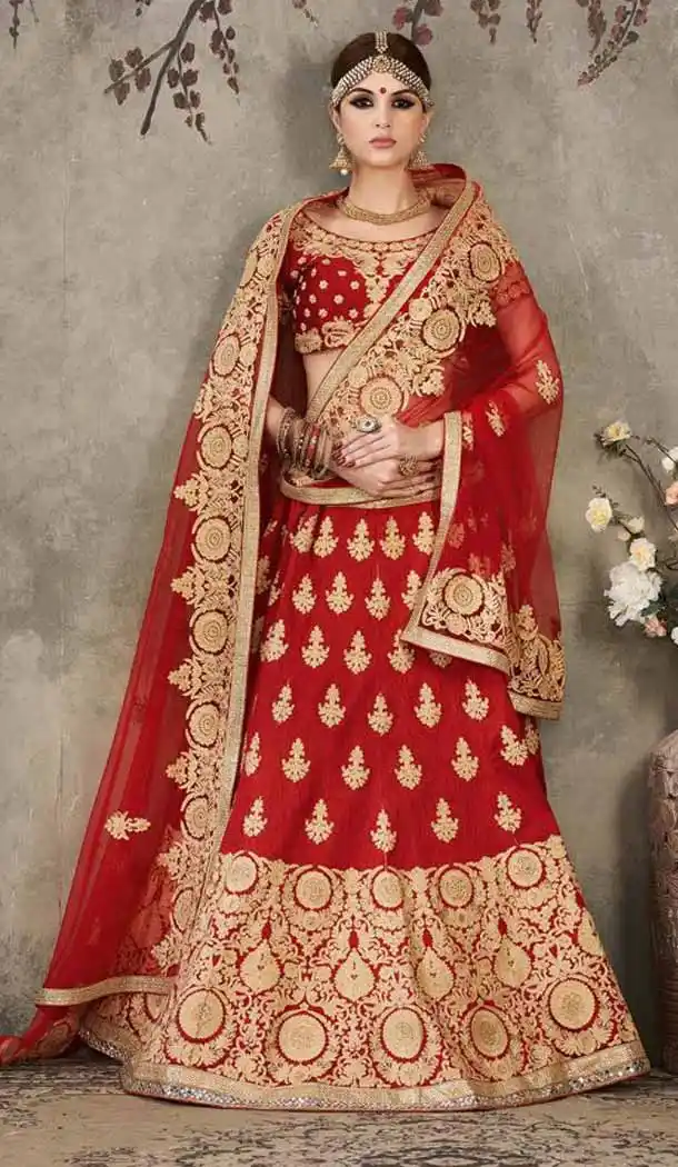 Pure Silk Red Color Sangeet Mehndi Wear Lehenga Choli | FH521879143
