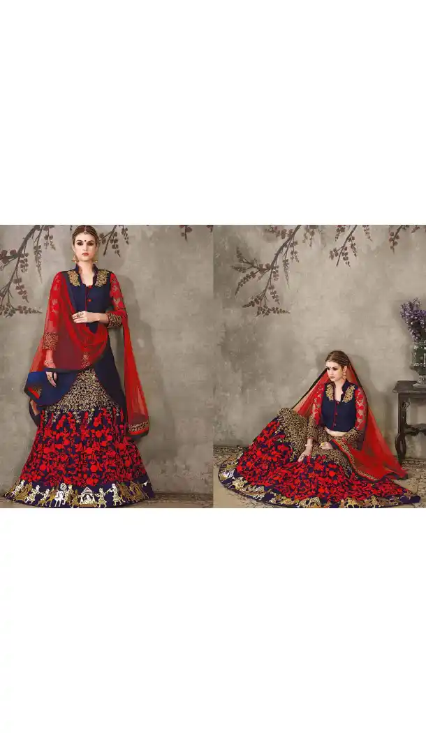 Pure Silk Navy Blue Color Sangeet Mehndi Wear Lehenga Choli | FH521879144