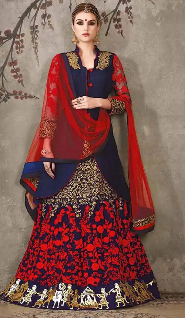 Pure Silk Navy Blue Color Sangeet Mehndi Wear Lehenga Choli | FH521879144
