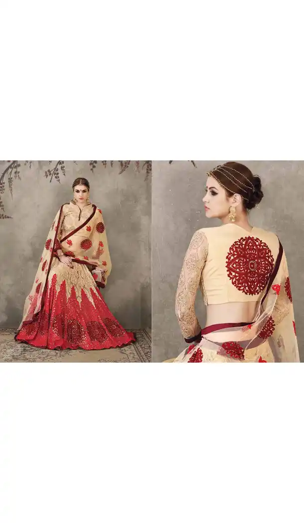 Net Beige Color Sangeet Mehndi Wear Lehenga Choli | FH521879147