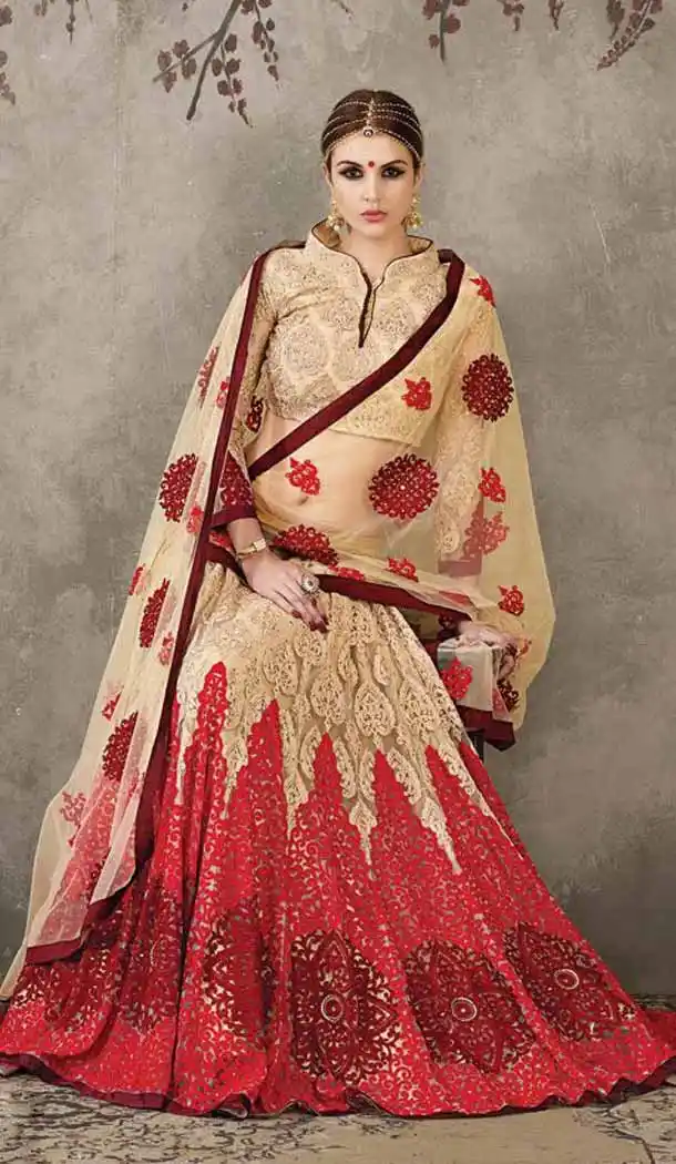 Net Beige Color Sangeet Mehndi Wear Lehenga Choli | FH521879147