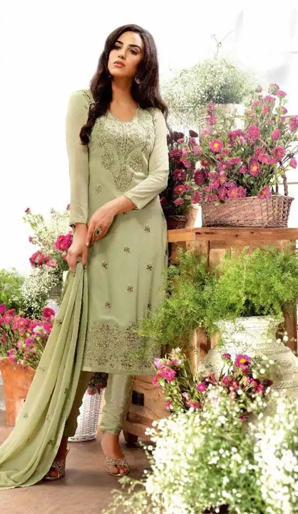 Aloe Vera Green Color Georgette Straight Cut Churidar Suit ​| FH522579201