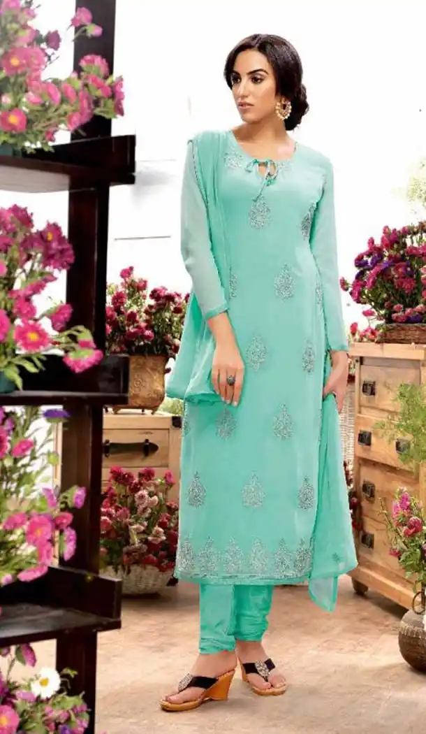 Turquoise Color Georgette Straight Cut Churidar Suit ​| FH522579204