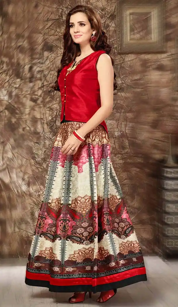 Silk Lehenga Style Readymade Party Wear Dress in Red Color | FH523079254