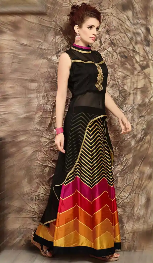 Silk Lehenga Style Readymade Party Wear Dress in Black Color | FH523079256