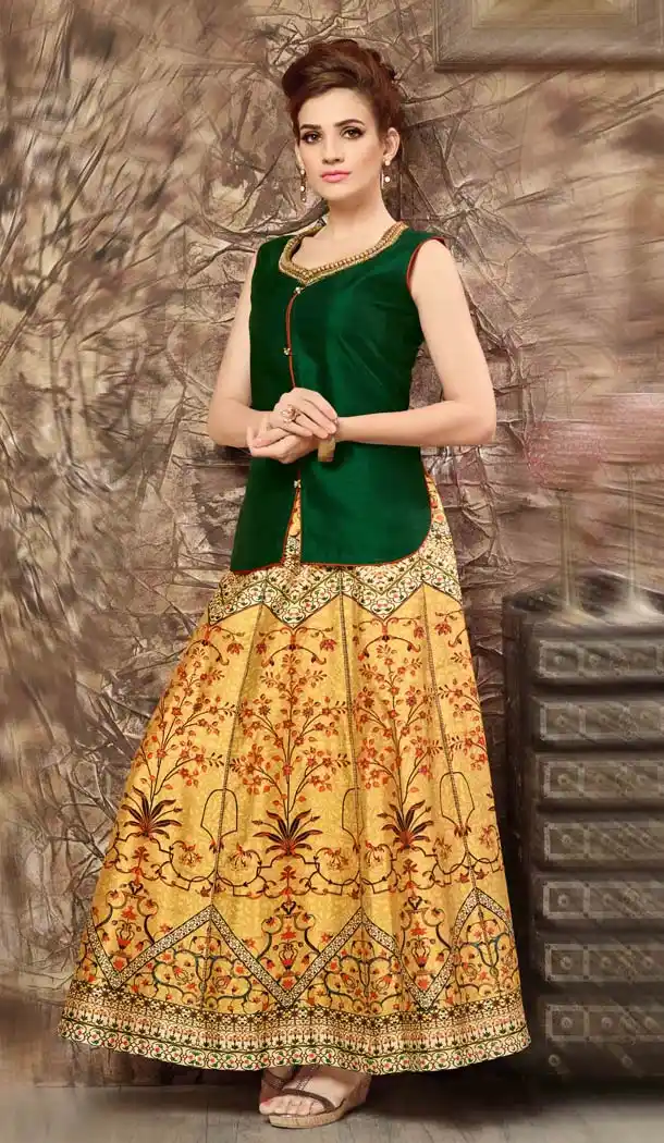 Silk Lehenga Style Readymade Party Wear Dress in Chrome Green Color | FH523079257