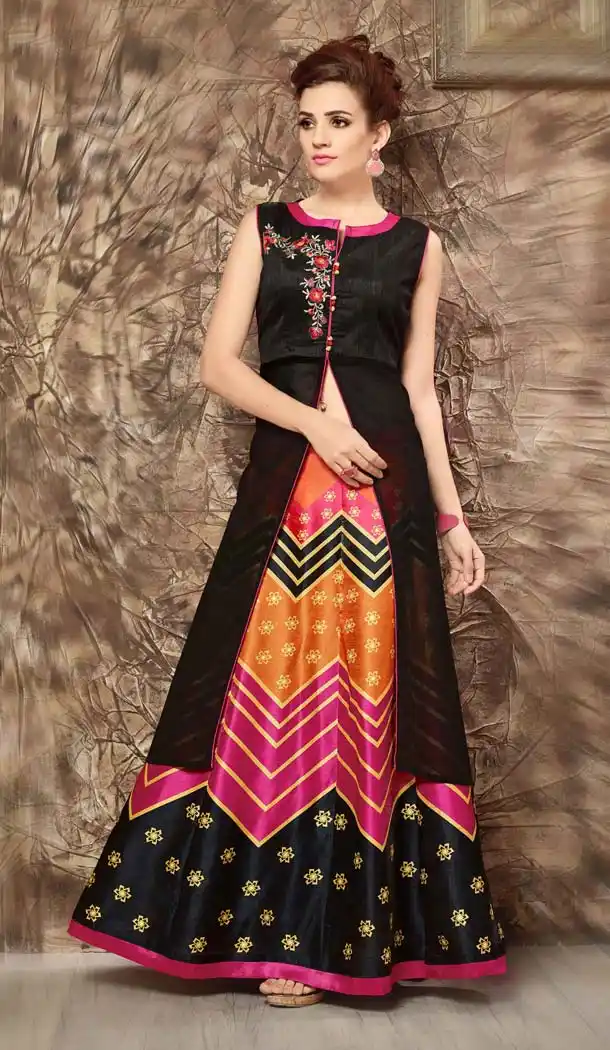 Silk Lehenga Style Readymade Party Wear Dress in Black Color | FH523079258