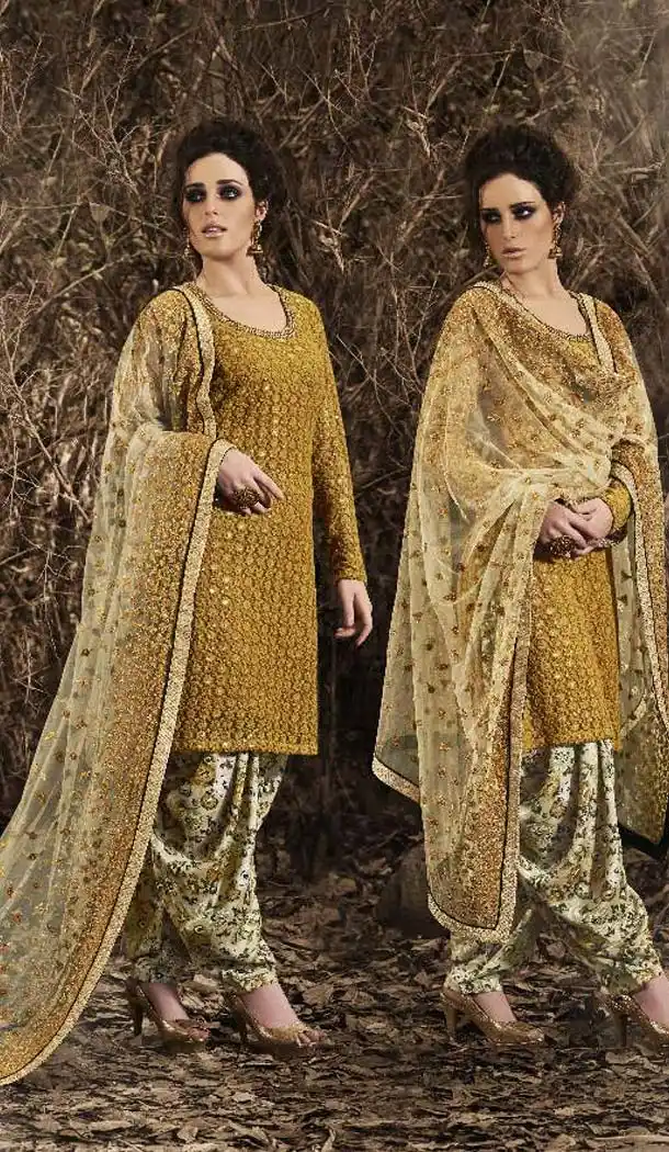 French Beige Color Embroidery Work Straight Cut Patiyala Suit | FH523479291