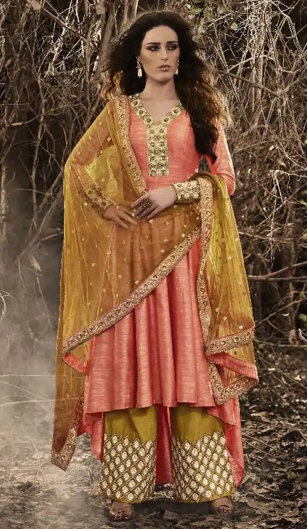 Salmon Color Embroidery Work Anarkali Style Palazzo Kameez | FH523479295